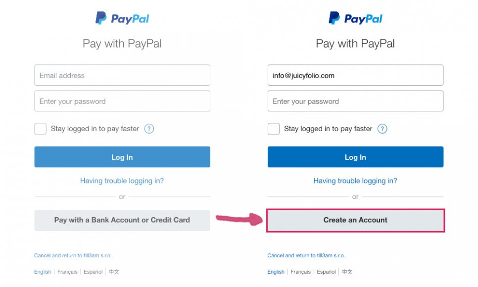 ve formuláři nesmí být „Pay with bank account or credit card“, ale pouze „Create account“